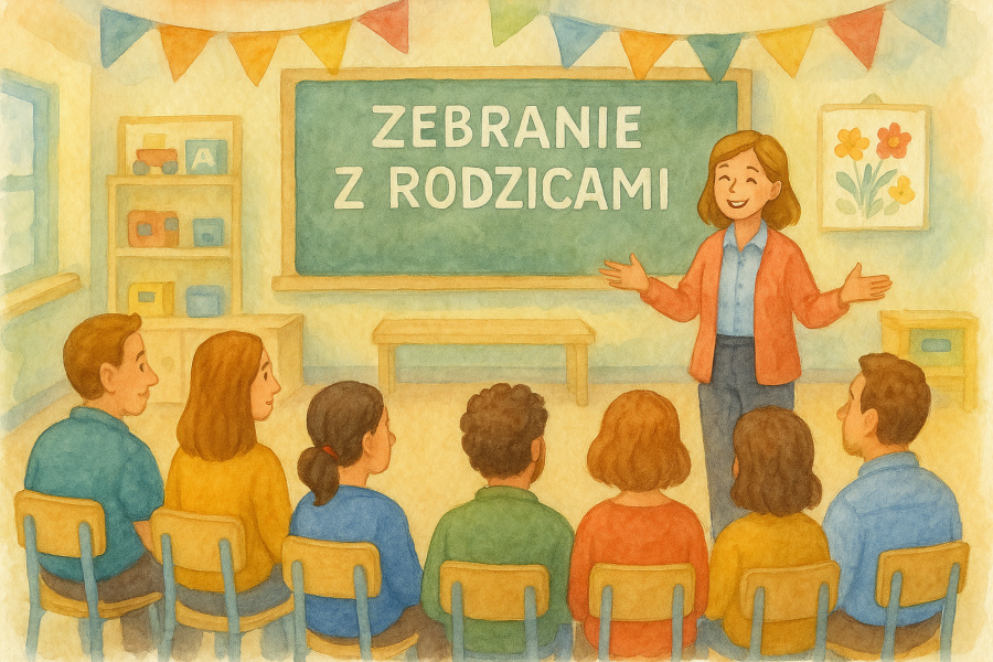 Ilustracja akwarelowa przedstawia salę udekorowaną kolorowymi chorągiewkami. Na środku stoi uśmiechnięta kobieta, która rozmawia z grupą rodziców siedzących na krzesełkach tyłem do widza